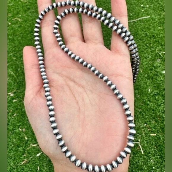 5mm 18 Inch 925 Sterling Silver Oxidized Pearls Bead Necklace Southwestern